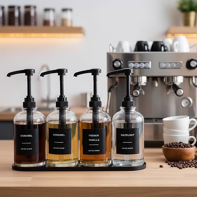 Coffee Syrup Dispenser for Coffee Bar, Glass Syrup Bottle with 1/4 oz Large Capacity Pump, Syrup Pump Dispenser with Pump for Coffee Station, Black with Tray,16.9oz, Set of 4