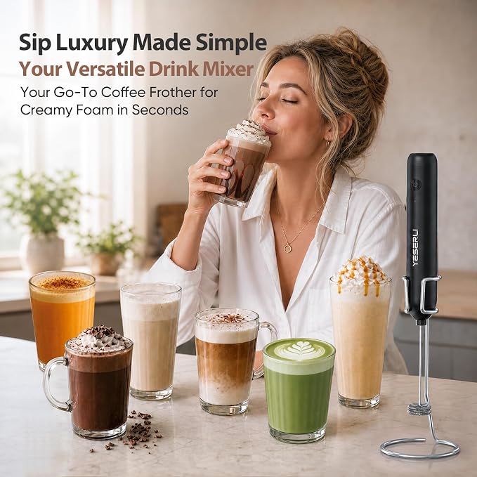 Rechargeable Milk Frother Handheld, 2000mAh Battery Electric Coffee Frother Wand with Dual Detachable Whisk Heads, 2 Speeds, IPX6 Waterproof Drink Mixer & Stand for Latte, Cappuccino, Matcha