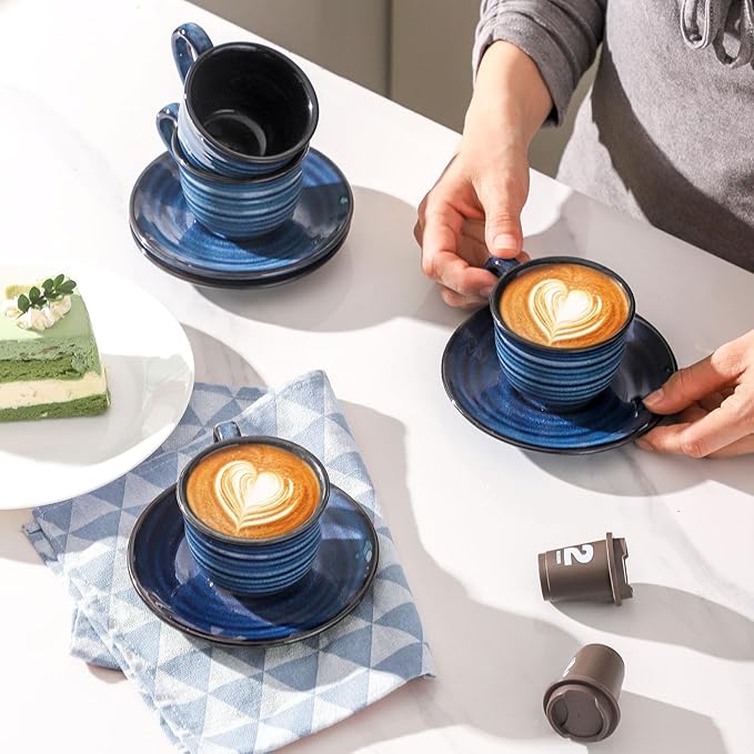 Ceramic Espresso Cups with Saucers 5 Oz,Set of 4 Cappuccino Mug with Handle for Coffee,Tea,Latte and Macchiato,Porcelain Demitasse Cups Set for Kitchen and Cafe,Navy Blue
