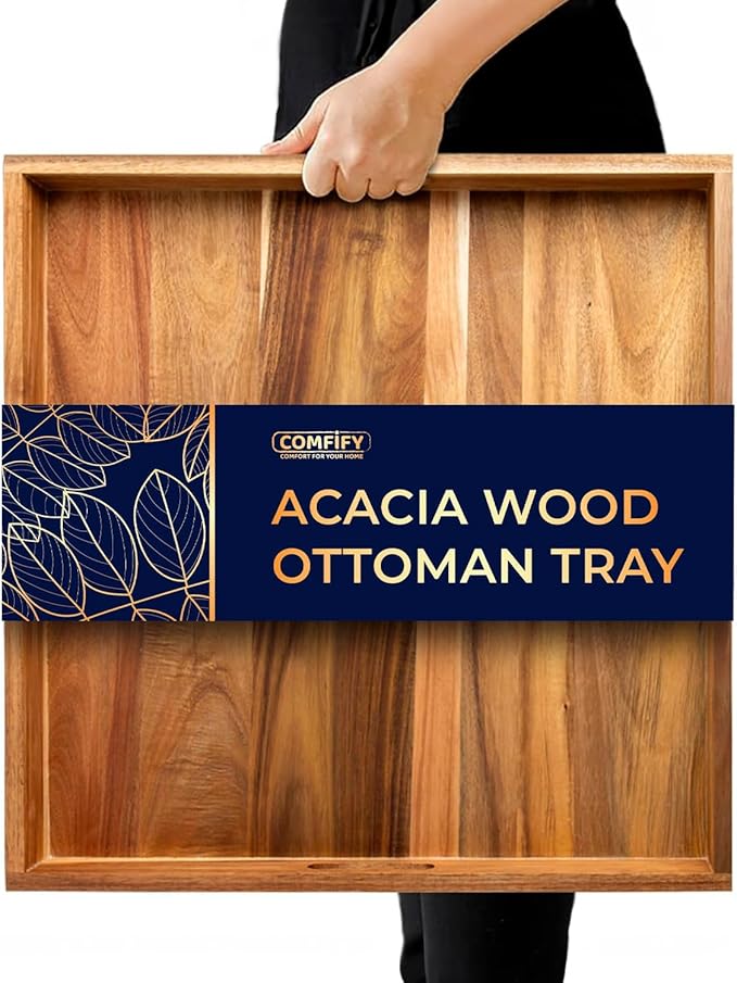 Extra Large (22") Comfify Square Premium Acacia Wood Ottoman Tray with Handles - Use for Serving Food in Style for Dinner, Breakfast, Snacks, BBQ, Entertaining Guests & More - Brown