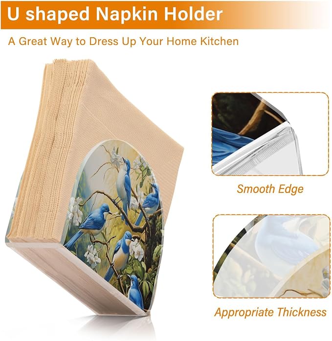 Fustylead Blue Bird White Flower Patterned Napkin Holder for Table Acrylic Vertical Napkin Holders for Paper Napkins Decor Napkin Dispenser for Home Party Dining Cocktail Kitchen Accessories, 2 PC