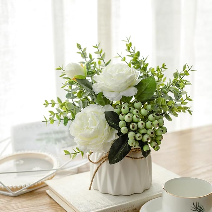 EOBTAIN Fake Flowers in Vase for Coffee Table Decor Faux Potted White Silk Flowers Decoration for Indoor Ceramic Vase with Artificial Plants Flowers Home Decor,Dining Table Centerpiece.