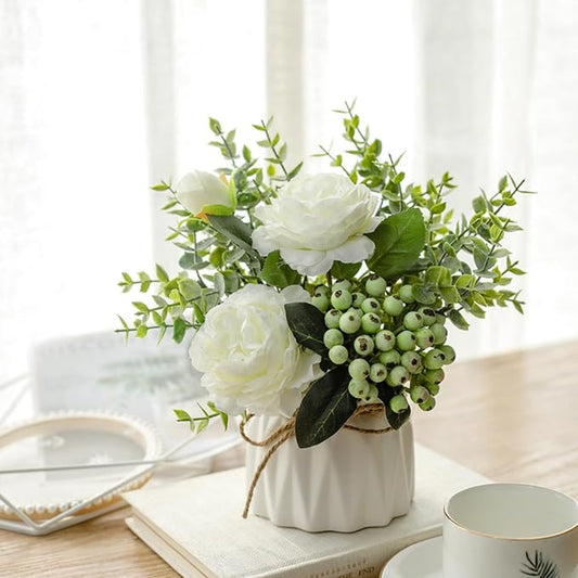EOBTAIN Fake Flowers in Vase for Coffee Table Decor Faux Potted White Silk Flowers Decoration for Indoor Ceramic Vase with Artificial Plants Flowers Home Decor,Dining Table Centerpiece.
