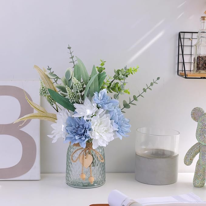Faux Flowers with Vase,Artificial Silk Flowers in Vase, Fake Plant Eucalyptus and Willow,Flower Arrangement for Home Farmhouse Dining Table Centerpiece Decorations Coffee Table Decor (Dusty Blue)
