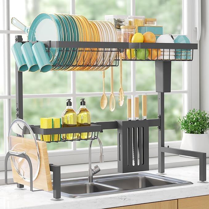Sakugi Over The Sink Dish Drying Rack - Adjustable 2 Tier Large Capacity Stainless Steel Drainer with Cutlery & Utensil Holders, Kitchen Storage & Organization, 30"-33.9" L x 11" W x 21.5" H, Gray