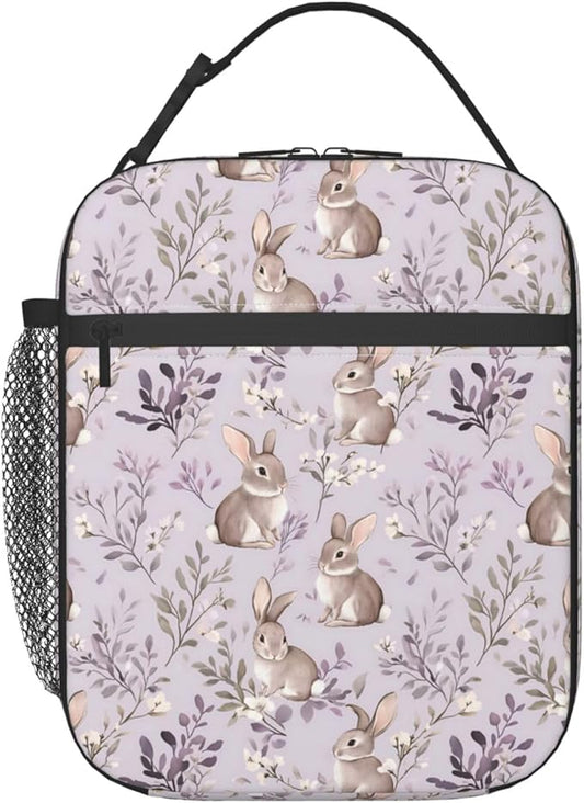 Reusable Cute Bunny Lunch Box for Kids Girls Boys Women Adult, Insulated Floral Rabbit Wildflower Lunch Bag,Polyester Cooler Handbags Case for School Picnic Work Travel Beach or Hiking