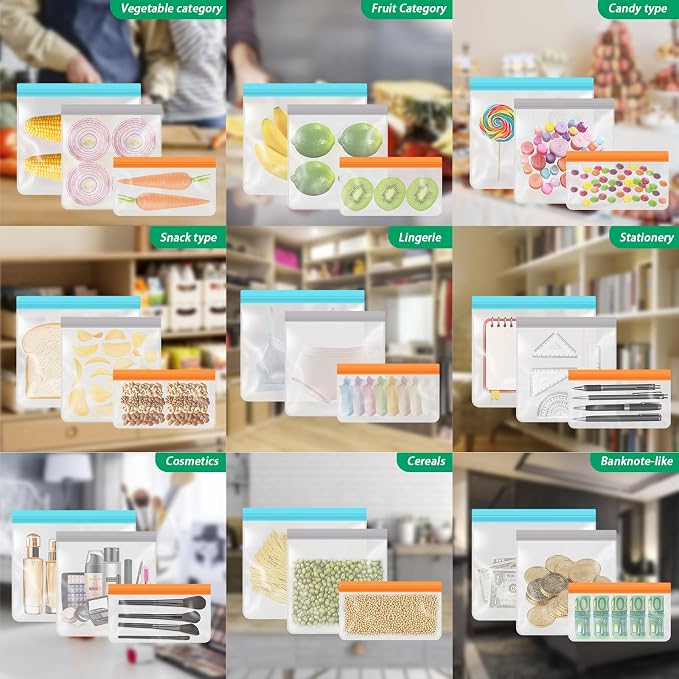 10 Pack Leakproof Reusable Freezer Bags, BPA Free Food Storage Bags, Salad Fruit, Vegetables, Traval, Home Organization Dishwasher Safe - 3 Gallon 3 Snack 4 Sandwich Bags