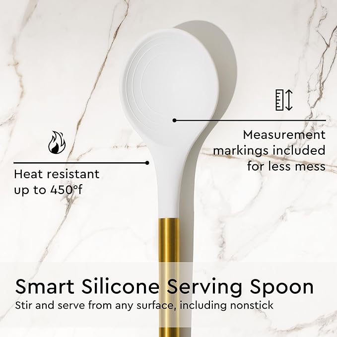 Gold Kitchen Utensils Set – 6 PC White Silicone and Gold Cooking Utensils with Spatula, Whisk, Tongs, Spoons, Cooking Tools for Nonstick Cookware – Luxury Kitchen Accessories for Home Chefs