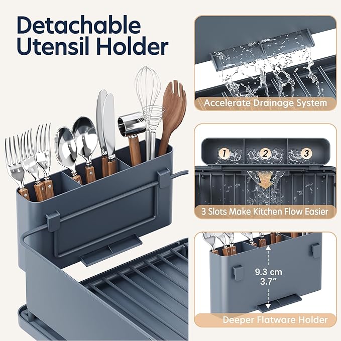 Dish Drying Rack Large Capacity - Stainless Steel Dish Rack for Kitchen Counter with Drain Board, Rustproof Dish Drainer with Auto Drain Spout, Utensil Holder & Glass Holder, Dinnerware Organizer