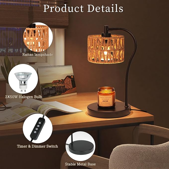 Ruiever Candle Warmer Lamp, Rattan Candle Heater with 2 Light Bulbs, Dimmable and Timer Melt Warmer for Scented Jar Candles Aromatic Holders for Home Room,Bedroom Living Room