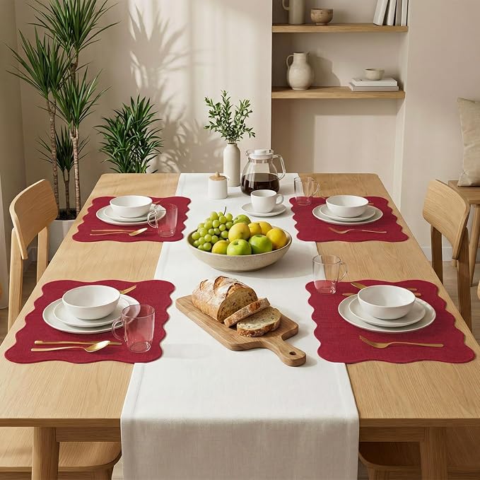 AHHFSMEI Faux Linen Placemats Set of 6 Heat Resistant Non-Slip Stain Proof Table Mats for Kitchen Dining Elegant Decor Place Mats (red)