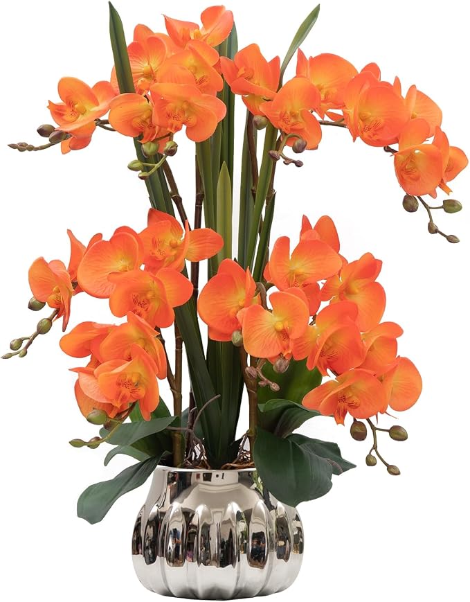 CXGS Artificial Orchid Flower Real Touch Faux Orchids in Ceramic Vase Large 22.9'' Fake Flowers Orange Phalaenopsis Floral for Home Indoor Decor