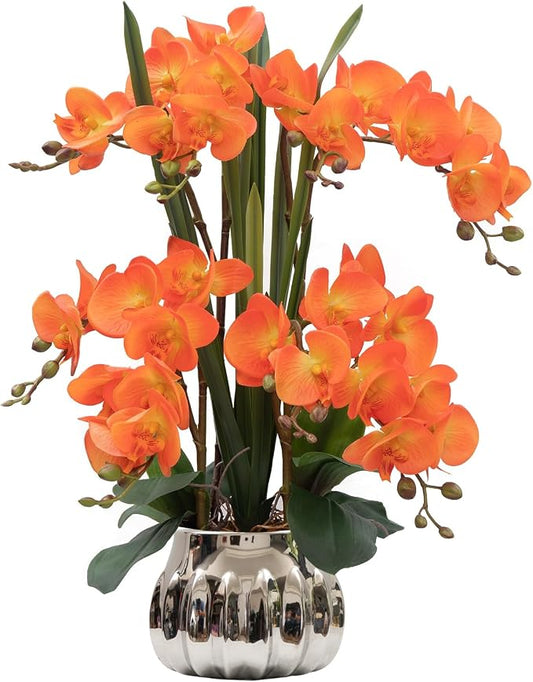 CXGS Artificial Orchid Flower Real Touch Faux Orchids in Ceramic Vase Large 22.9'' Fake Flowers Orange Phalaenopsis Floral for Home Indoor Decor