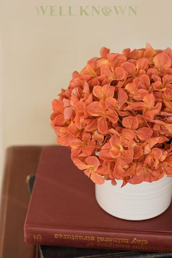 Artificial Hydrangea Flowers in Vase, Fake Flowers with White Ceramic Vase Small Faux Pot Floral Arrangement for Home Desktop plant Kitchen Bathroom Coffee Table Centerpiece Decor (Burnt Orange)
