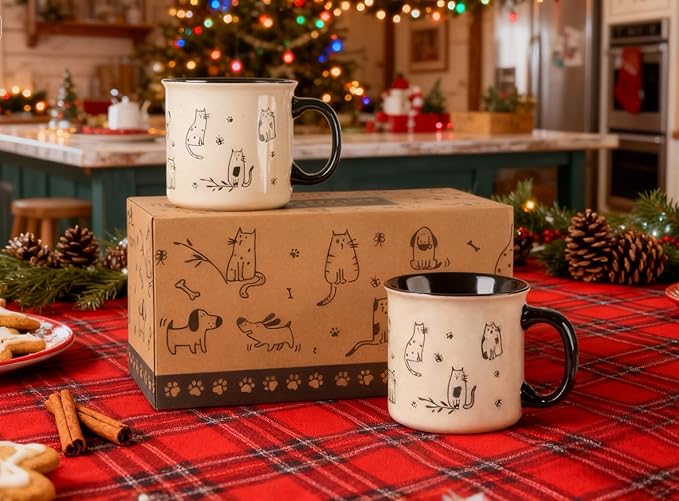 AmorArc 22 OZ Large Ceramic Coffee Mugs Set of 2, Oversized Mugs With Big Handle for Men Women Dad Mom, Big Mug With Textured Dogs Cats Patterns for Office & Home -Microwave Safe, 2 Pcs-Black