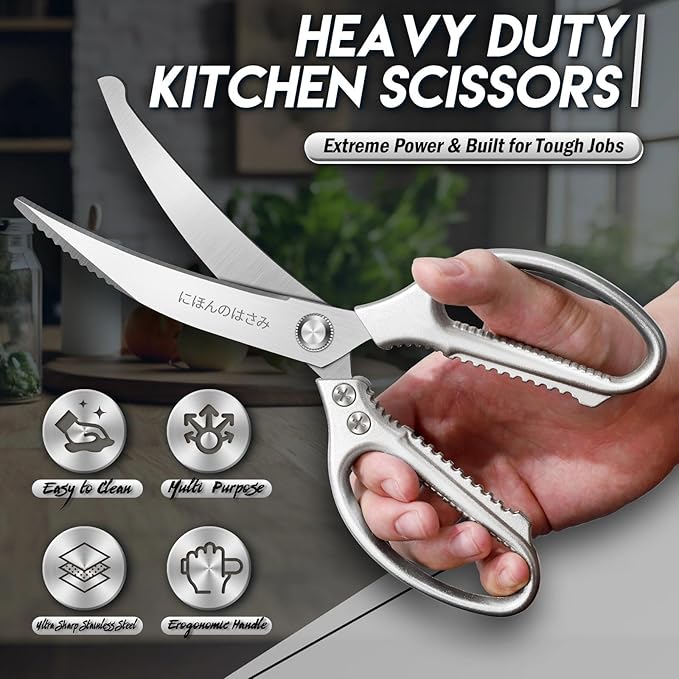 TIJERAS Kitchen Scissors Set Silver - Stainless Steel Kitchen Shears, Sharp Meat Scissors Dishwasher Safe, Heavy Duty Poultry Shears, Japanese Cooking Scissor for Food, Chicken, Gifts for Women