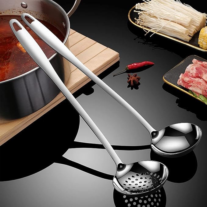 Soup Spoon Stainless Steel Heavy Duty Big Soup Ladle Colander Serving Spoon with Attractive Mirror Finish, Perfect for Hotpot Stirring, Serving Soup, Deep Wide Enough 2PCS (Soup Spoons - 12")