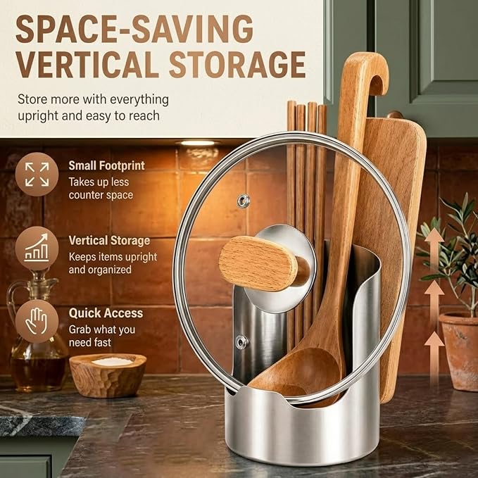 Multi-Functional Kitchen Utensil Holder, Thickened Stainless Steel Countertop Organizer for Pot Lids, Spoon Spatula Ladle Caddy, Pot Lid Rest Stand, Cutting Board Rack (1 pcs)