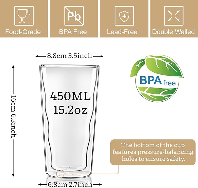 Joeyan Double Wall Glass, 15.2oz Wave Insulated Glass Tumblers Clear Coffee Cups for Hot Cold Drinks, Tall Drinking Highball Glasses for for Iced Coffee, Latte, Matcha, Tea, Smoothie, Set of 2