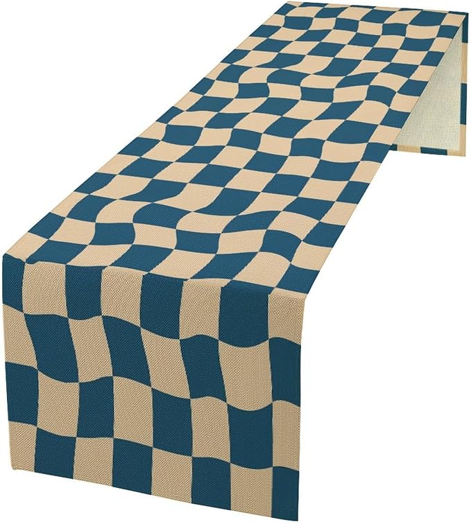 Groovy Retro Checkered Table Runner Vintage Abstract Wavy Swirl Twisted Blue Hippie Grid Dinner Runner for Farmhouse Country Home Kitchen Dining Table Party Holiday Decor 13x60in