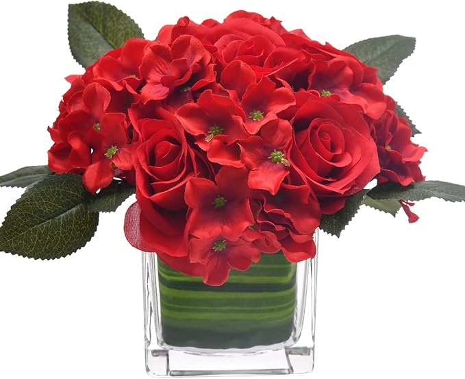 Fule Artificial Silk Rose Flower Centerpiece Arrangement in vase for Home Wedding Decoration (Red)