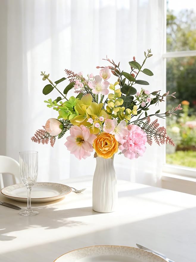 Small 11.8" Artificial Flowers in Ceramic Vase - Yellow Pink Silk Flower Centerpiece for Dining Table, Office, Wedding & Farmhouse, Home Decor Gifts