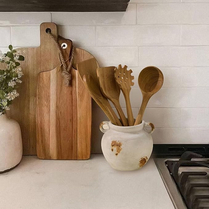 MIYUKI Rustic Kitchen Utensil Holder, Vintage Ceramic Utensil Crock with Handle, Antiquing Kitchen Countertop Organizer