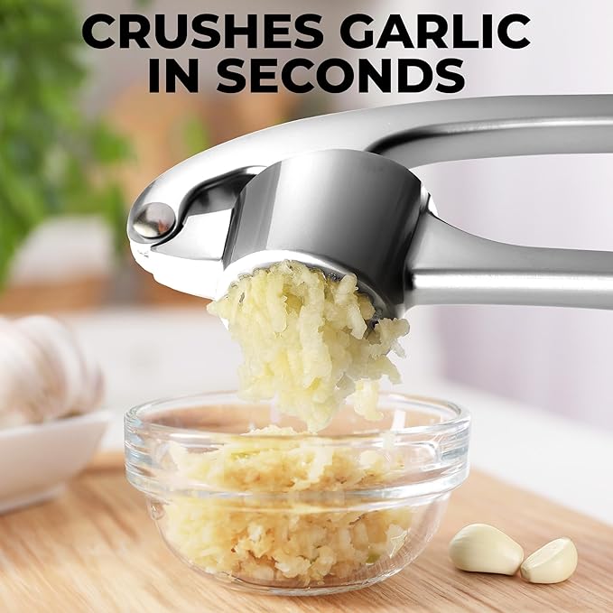 Zulay Kitchen Large Premium Garlic Press Set - Bigger Bowl for Bigger Garlic - Rust Proof Garlic Mincer Tool - Easy-Squeeze, Easy-Clean Silicone Garlic Peeler & Brush (Chrome)