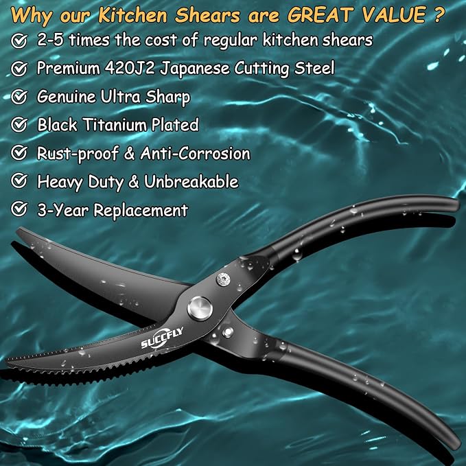 SUCCFLY Kitchen Shears Heavy Duty, Premium Kitchen Scissors Stainless Steel, 8.8" Poultry Shears Ultra Sharp for Bone Chicken Meat, Food Scissors Anti-Slip Handle, Black Titanium Plated, Spring Loaded