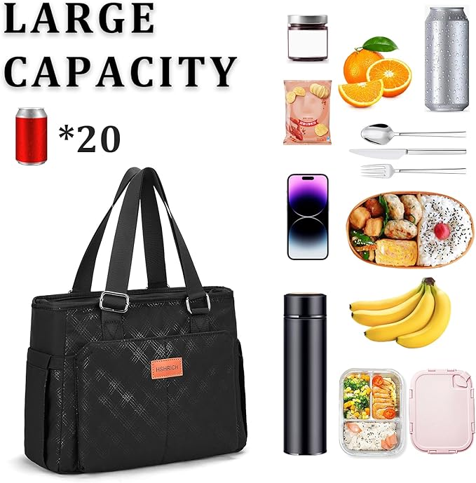 HSHRICH Large Women Lunch Bags for Work/Insulated Cooler Lunch Box with Side Pockets, 14L Capacity, Black
