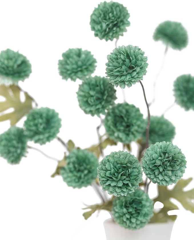 DuHouse 6pcs Artificial Flowers Faux Silk Pompon Mum,Silk Small Mini Chrysanthemum Ball with Stems for DIY Bouquets Centerpieces Vase Home Table Kitchen Decorations(Sage Green)