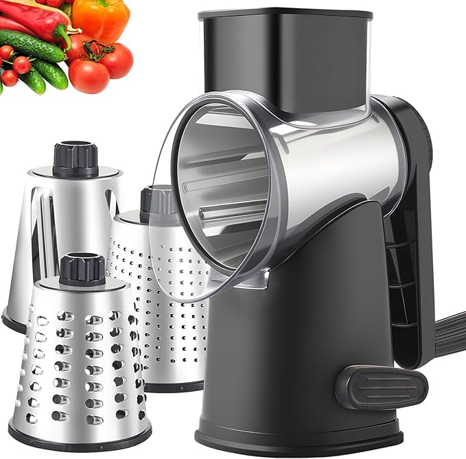 Weltonhm Rotary Cheese Grater with 3 Blades, Large Hand Crank Cheese Grater with Waffle Slicer, Black and White Cheese Slicer with Suction Base, Easier for Shredding& Grating (black, 3 Graters)