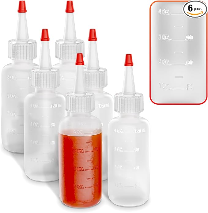 6 Pcs Plastic Squeeze Bottles for Sauces 4 oz (120 ml) - Reusable Condiment Squirt Bottles Set with Cuttable Fine Tip - for BBQ, Picnics, Camping, Pancake Batter, Syrup, Oils, Salad Dressings & Crafts