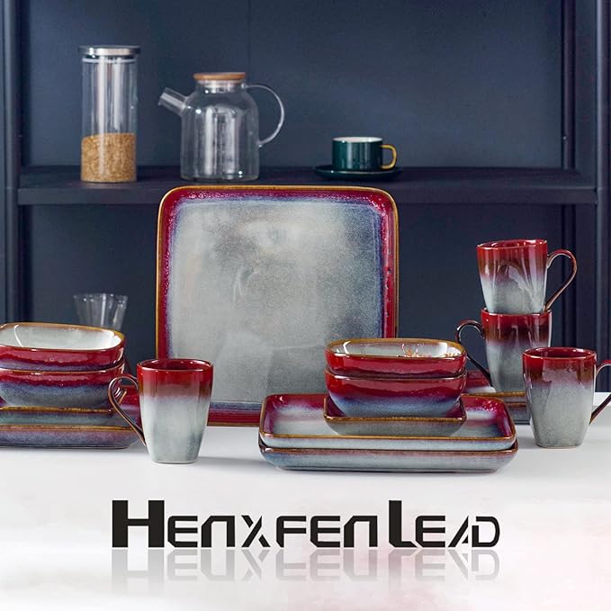 HENXFEN LEAD Coffee Mugs Set of 4 - Ceramic Cups 10 Oz with Large Handle for Coffee, Soup, Tea, Milk, Latte and Cocoa, Mug Gift Set Microwave & Oven, Dishwasher Safe - Red