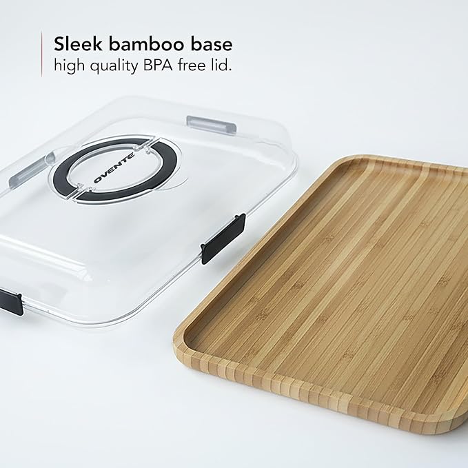OVENTE Charcuterie Board with Clear Locking Lid and Black Handles, 16.5" x 12.6" Bamboo Food Serving Tray, Portable Cheese Cutting Board for Entertaining or Picnic, House Warming Gifts, Brown B011713B
