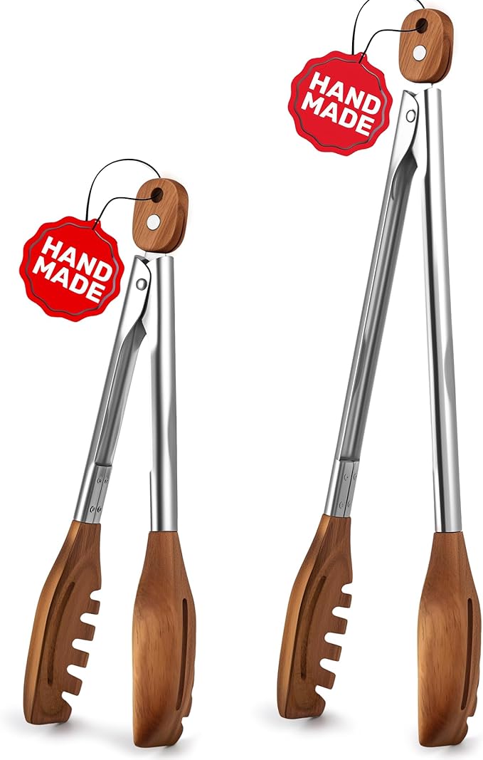 2 Pack 3-in-1 Wooden Tongs for Cooking(12", 15") Natural Walnut Wood kitchen Tongs, Nonstick Heat Resistant Cooking Tongs for Serving, Pasta, Salad, Grilling | Stainless Steel Non-Slip Grip, Pull Lock
