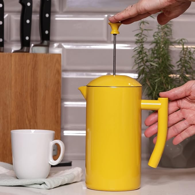 Frieling Stainless Steel French Press Coffee Maker - 34 Fl Oz, Yellow - Double-Walled with Double Filter - Insulated Plastic-Free Coffee Press for Camping & Travel
