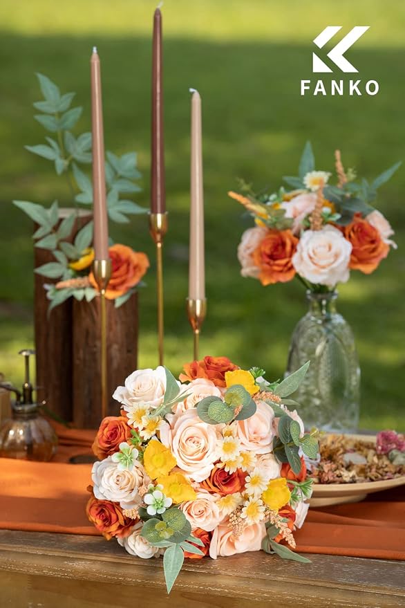 FANKO Artificial Flowers for DIY, Orange Peach Yellow Faux Flowers Bouquet, Fake Flowers with Roses Daisy Silk Flowers for Vase, Home Decor, Wedding Centerpiece, Floral Arrangement Décor, Party