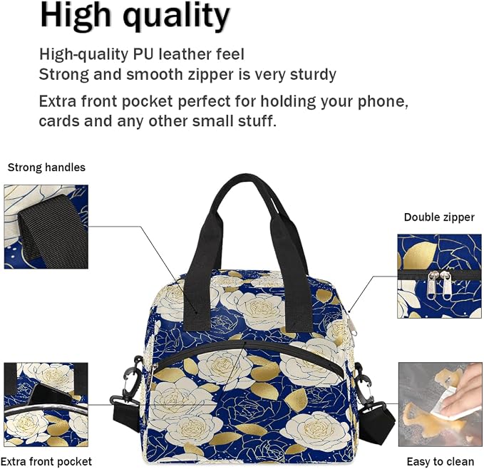 Pardick Roses Flower Blue Insulated Lunch Bag for Women Leakproof Lunch Box Large Cooler Thermal Tote Bag with Shoulder Strap Meal Prep Bags for Work School Office Picnic Teen Girls Adult