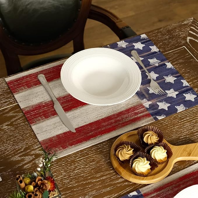 Bloss Patriotic 4th of July Placemats Set of 4, Memorial Day 12" x 18" Linen Table Mats for Party Kitchen Dining Decoration, Retro Vintage Independence Day Disposable Place Mats