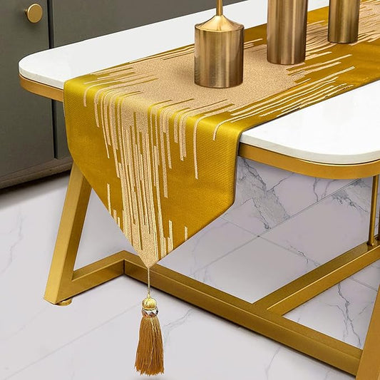 Gold Table Runner 72 Inches Long Luxury Abstract Geometry Thick Fabric Handmade Embroidery Pattern for Home Living Room Bedroom Dinner Room Art Decor Party
