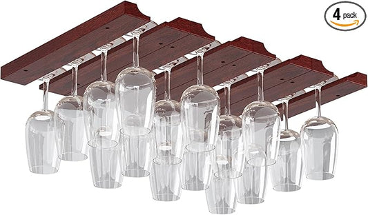 Rustic State Vigo 4 Sectional Adjustable Under Cabinet Mount Wood Stemware Rack Hanging Shelf Glassware Holder Bar Organizer with up to 12 Wine Glass Storage 12 Inch Deep Mahogany