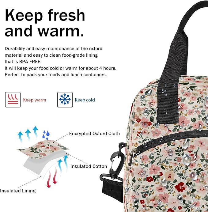 Floral Flower Insulated Lunch Bags for Women Girls Adult Ethnic Reusable Lunch Tote Therma Cooler Bag with Shoulder Strap Lunch Box for School Work Office Picnic Meal Prep Bag