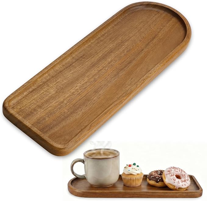 Small Wooden Tray | Acacia Wood Tray for Vanity, Bathroom Counter, Coffee Table & Toilet | Perfect for Jewelry, Remote, Keys & Catch All | Mini Charcuterie Board Serving Platter (Racetrack-Shaped)