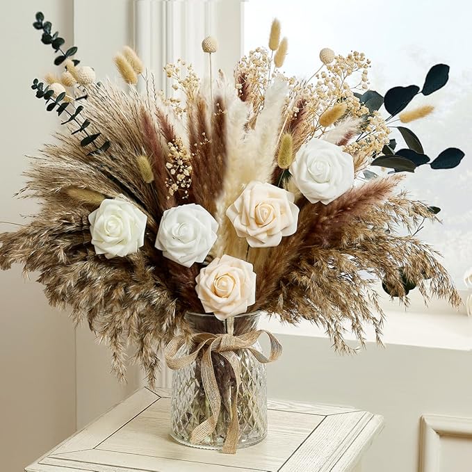 Wracra 100pcs Artificial Flowers in Vase, Fake Flowers Arrangement with Vase, Dried Pampas Grass Floral Centerpieces for Home Office Decoration, Farmhouse Kitchen Dining Table Decor