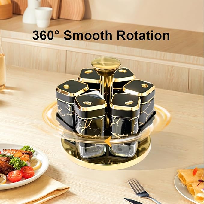 Revolving Spice Rack Organizer with 6 Glass Jars, Countertop Spice Seasoning Rack Tower with Glass Containers, Rotating Seasoning Holder Shelf for Kitchen (Black and Gold)