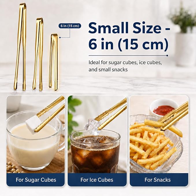 Kitchen Tongs Set of 3 with Storage Case, 304 Stainless Steel Cooking Tongs, 11.5”, 9.5” & 6” Serrated Non-Slip Tips for Grilling, Frying, Salad, Pasta, Ice Cubes (Gold)