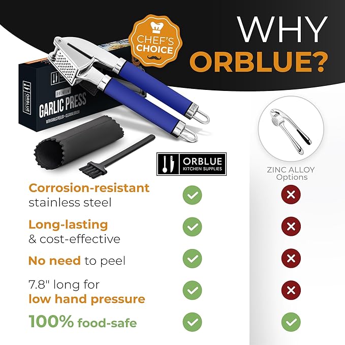 ORBLUE Garlic Press and Peeler Set, Stainless Steel - Professional Grade Mincer, Crusher - Dishwasher Safe & Rust-proof, Blue