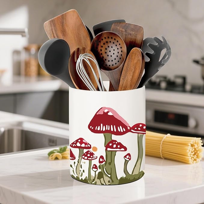 Mushroom Kitchen Decor, Ceramic Utensil Holder Bee Decor, 6.5 Inch Farmhouse Indoor Kitchen Decorative Utensil Rack For Spoon Storage and Cooking Tools