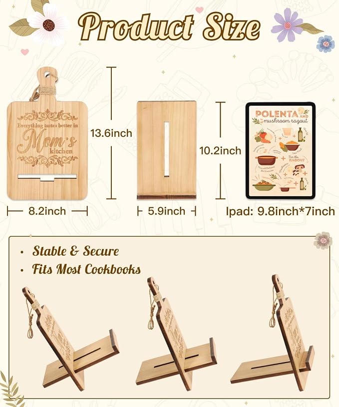 Putuo Decor Reversible Wood Cookbook Stand for Kitchen Counter Adjustable Recipe Book Holder Everything Tastes Better in Mom's Kitchen with Tablet Slot Gift Ready